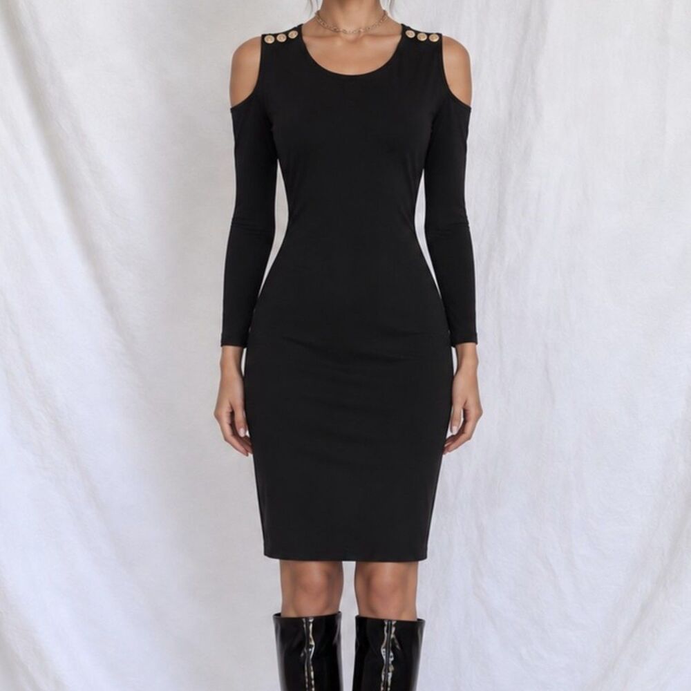Vintage Y2K Black Knit Knee Length Bodycon Quarter Sleeve Cold Shoulder Dress M